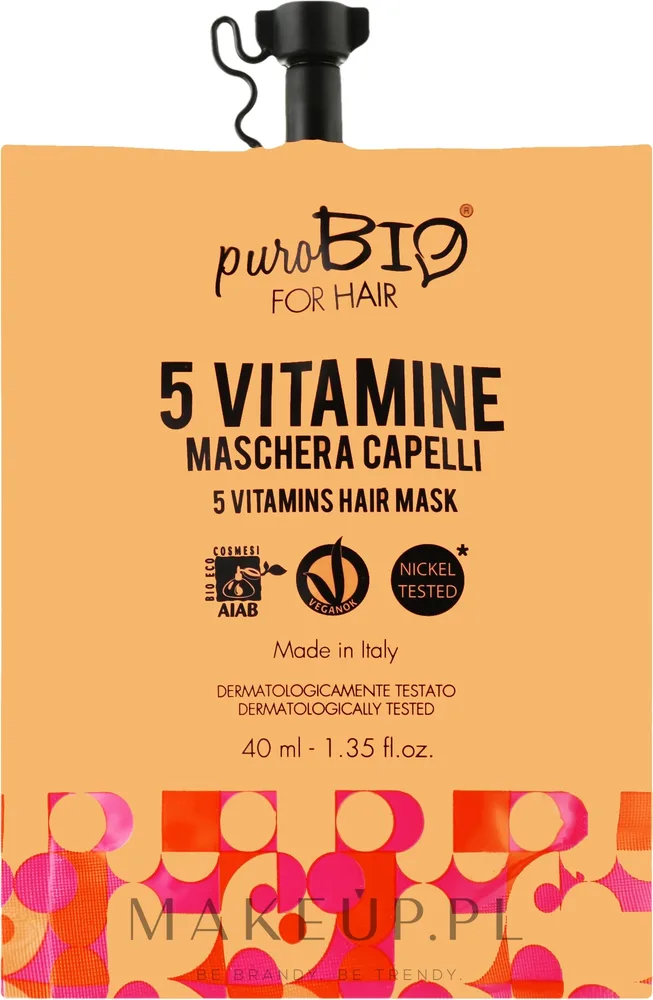 PuroBio Cosmetics puroBIO Cosmetics For Hair 5 Vitamins Mask - Маска для волос PuroBio for Hair с 5 витаминами, для сухих и окрашенных волос, экстракт льна и малины, блеск, 40 мл