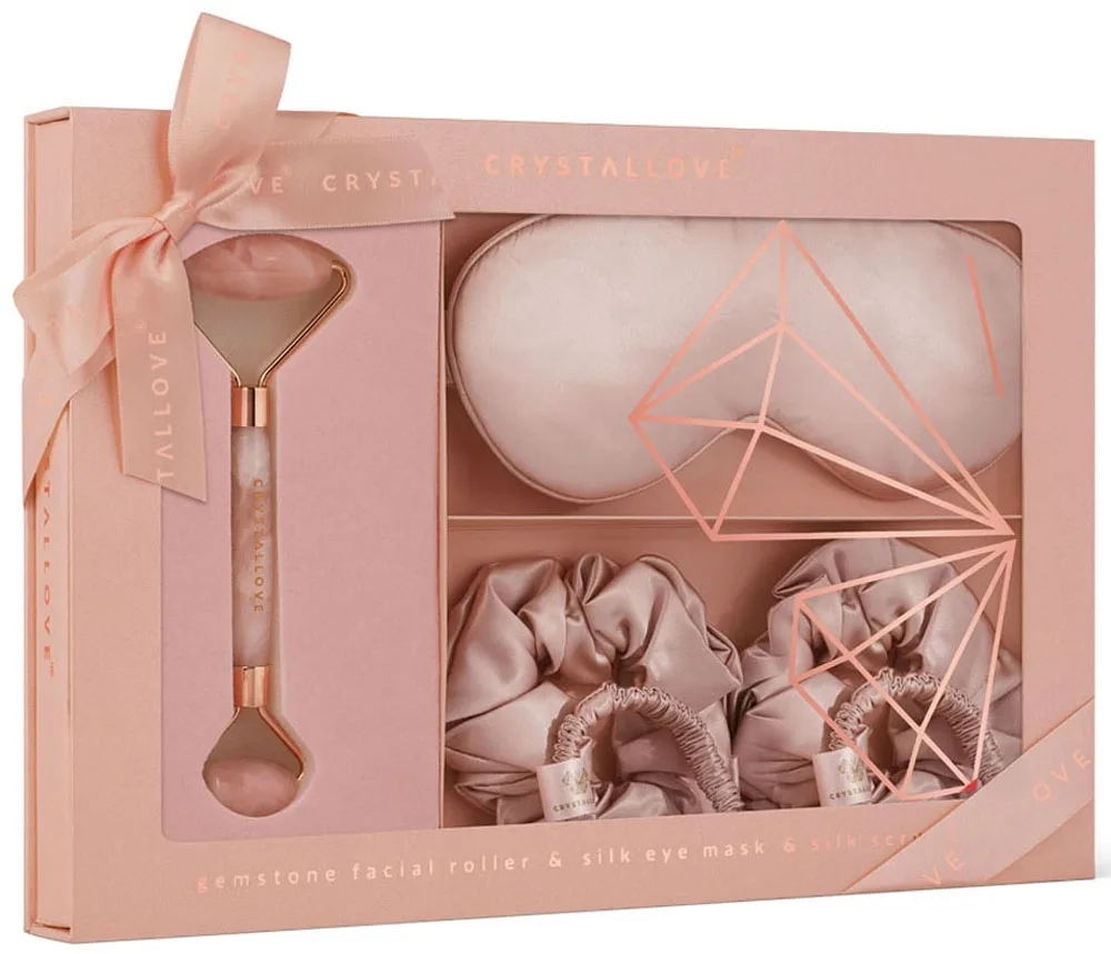 Набор Crystallove Rose Quartz Home SPA роллер из розового кварца шелковая маска для глаз и 4 резинки для волос