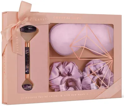Набор Crystallove Amethyst Home SPA роллер из аметиста шелковая маска для глаз и 4 резинки для волос