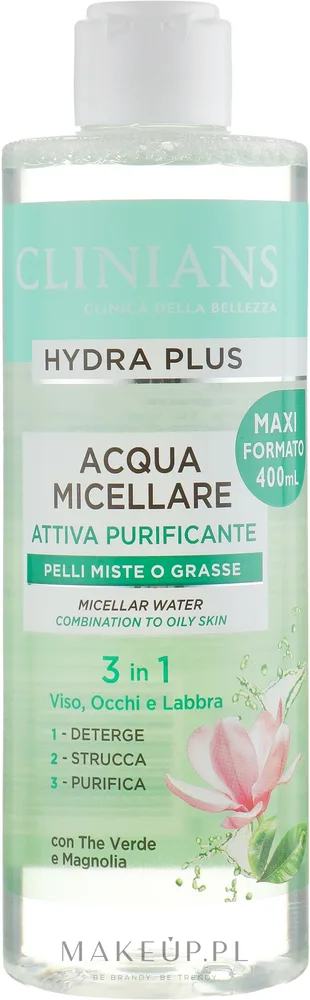 Clinians Hydra Plus мицеллярная вода 3в1 зелёный чай и магнолия для лица 400 мл