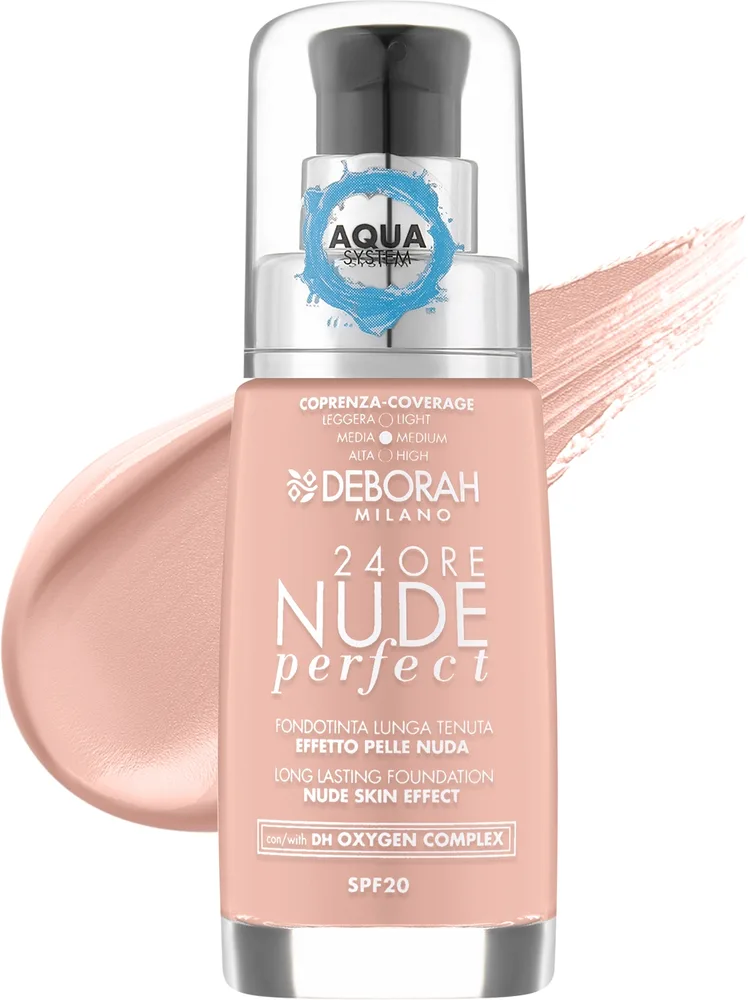 Тональный флюид Deborah 24Ore Nude Perfect Aqua System Foundation стойкий SPF 20, 30 мл, оттенок 2.1