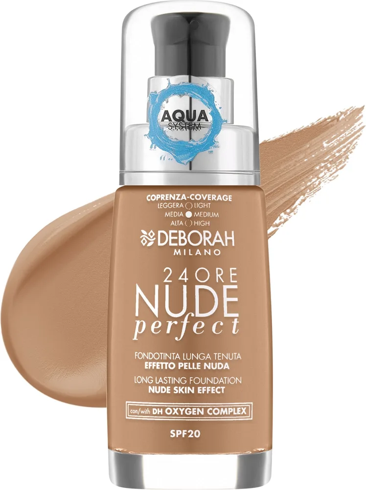 Тональный флюид Deborah 24Ore Nude Perfect Aqua System Foundation стойкий SPF 20, 30 мл, оттенок 3.3