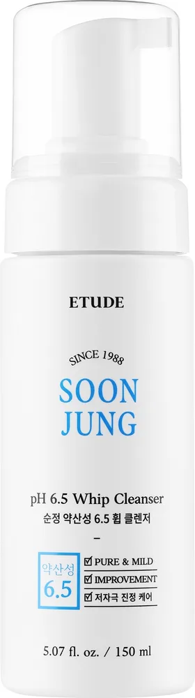 Etude Soon Jung pH 6.5 Whip Cleanser пенка для умывания чувствительной кожи лица с центеллой и зелёным чаем, 150 мл