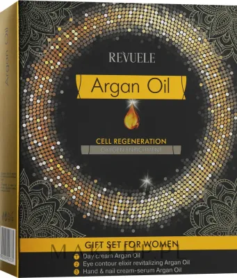 Набор Revuele Argan Oil дневной крем крем-сыворотка для рук и эликсир для век с арганой и Q10 50+50+25 мл