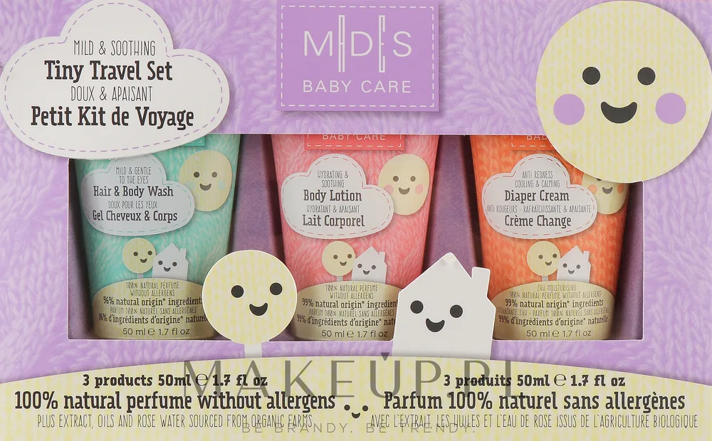 Mades Cosmetics Mades Cosmetics M|D|S Baby Care Tiny Travel Set (gel/50 мл + b/cr/50 мл + b/lot/50 мл) - Детский набор Mades Baby Care гель-шампунь без слез крем под подгузник и лосьон с овсом 3x50 мл