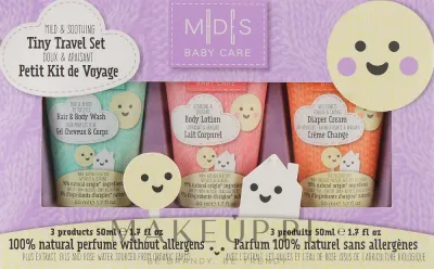 Mades Cosmetics Mades Cosmetics M|D|S Baby Care Tiny Travel Set (gel/50 мл + b/cr/50 мл + b/lot/50 мл) - Детский набор Mades Baby Care гель-шампунь без слез крем под подгузник и лосьон с овсом 3x50 мл
