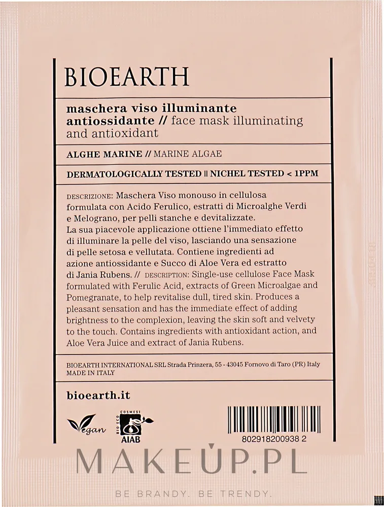 Bioearth Brightening & Antioxidant-Rich Face Mask — осветляющая антиоксидантная тканевая маска для лица, 15 мл