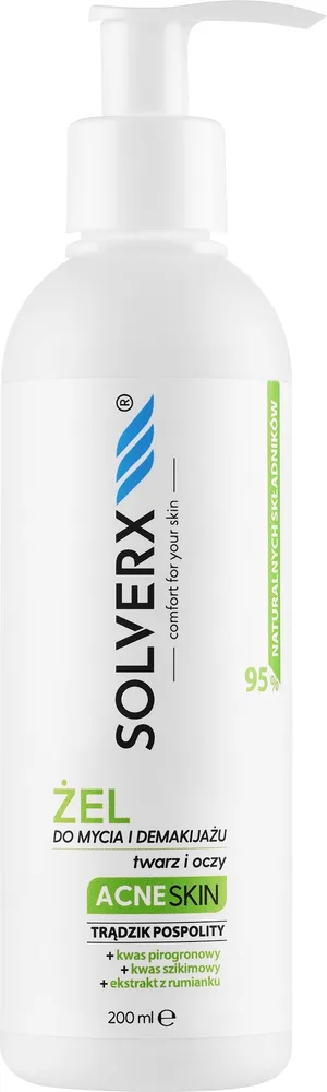 Гель для мытья и снятия макияжа Solverx Acne Skin для проблемной жирной кожи, 200 мл