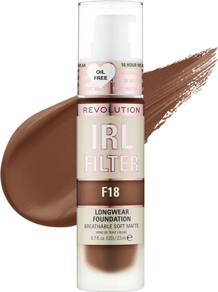 Тональная основа Makeup Revolution IRL Filter Longwear Foundation матирующая стойкая, 23 мл, оттенок F18