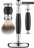 Набор для бритья Golddachs Synthetic Hair Safety Razor Polymer Black Chrome помазок из синтетического ворса станок безопасного типа и подставка черный полимер и хром — фото 2