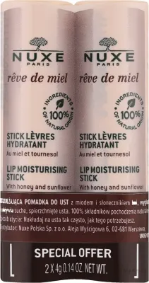 Бальзам для губ Nuxe Reve De Miel Lip Moisturizing Stick Duo увлажняющий, набор из двух стиков по 4 г