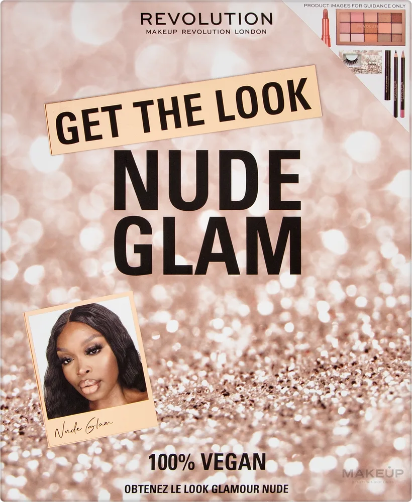 Набор для макияжа Makeup Revolution Nude Glam палетка теней помада тушь карандаши и ресницы веганский
