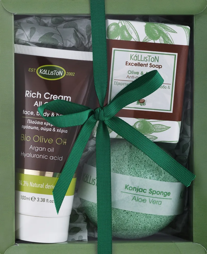 Набор Kalliston крем для лица и тела оливковое мыло с арганой и спонж конжак 100 мл+100 г