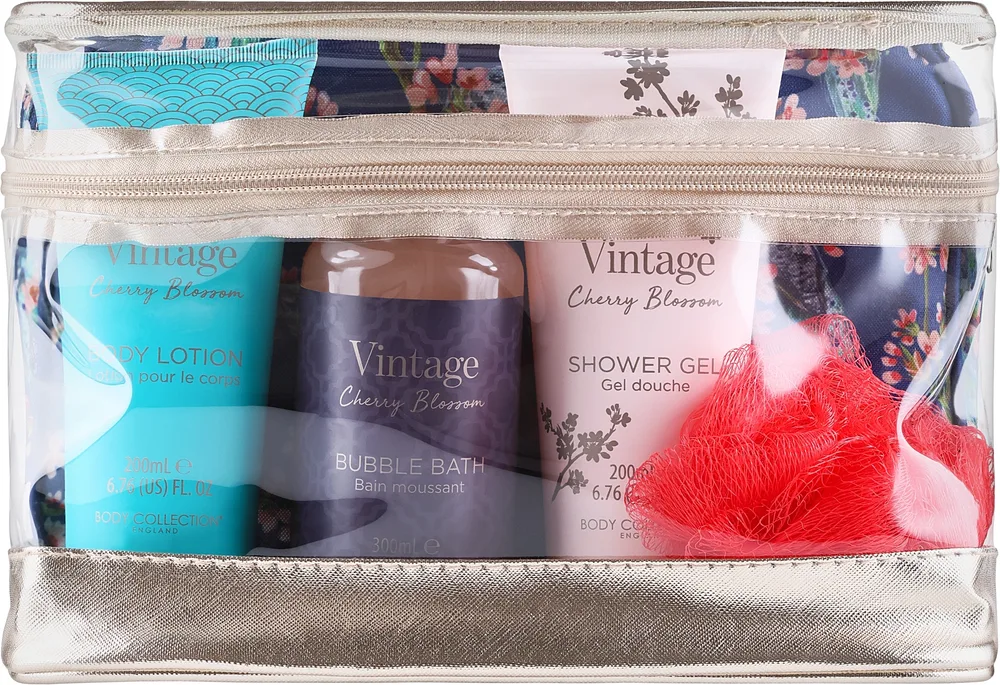 Набор для тела Technic Cosmetics Vintage Cherry Blossom пена гель лосьон спонж и косметичка с ароматом сакуры 300+200+200 мл