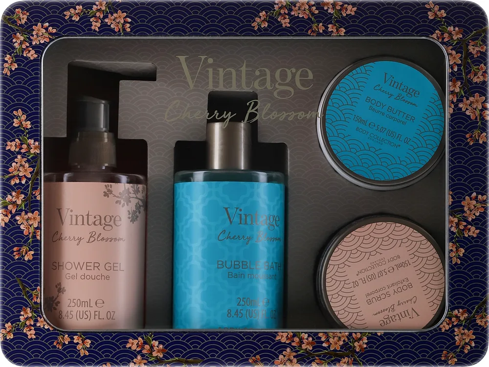 Набор для тела Technic Cosmetics Vintage Cherry Blossom гель пена скраб и жестяная коробка с ароматом сакуры 250+250+150 мл