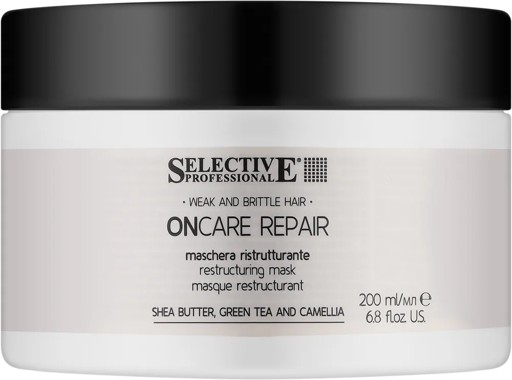 Selective Professional Selective Professional On Care Repair Restructing Mask - Маска для тонких волос Selective On Care восстанавливающая, масло ши, зелёный чай, камелия, рисовый протеин, 200 мл