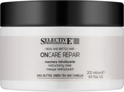 Selective Professional Selective Professional On Care Repair Restructing Mask - Маска для тонких волос Selective On Care восстанавливающая, масло ши, зелёный чай, камелия, рисовый протеин, 200 мл