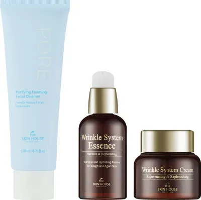 Набор The Skin House Wrinkle System эссенция крем и очищающая пенка с коллагеном скваланом и гиалуроном 50+50+120 мл