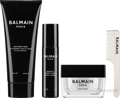 Balmain Paris Hair Couture Balmain Homme Giftset (scr/100 мл + oil/30 мл + body wash/200 мл) - Мужской набор Balmain Homme скраб для кожи головы масло для бороды и гель для волос и тела с арганой и шелком 100+30+200 мл