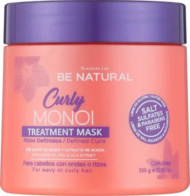 Placenta Life Be Natural Curly Monoi Treatment Mask маска для вьющихся и кудрявых волос с маслом монои, увлажняющий уход за кудрями, 350 г