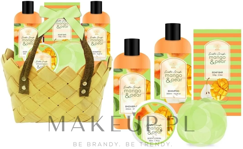 Набор Aurora Exotic Crush Mango & Pear гель для душа 300 мл шампунь 300 мл мыло и другие средства в корзинке