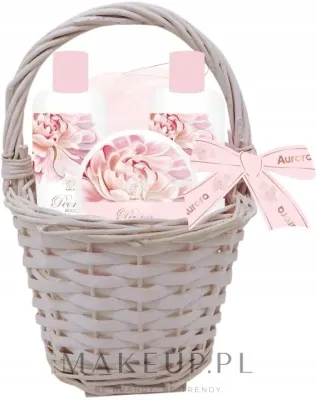 Набор Aurora Peony Bouquet гель для душа 150 мл шампунь 150 мл лосьон для тела 50 мл и мочалка в корзинке