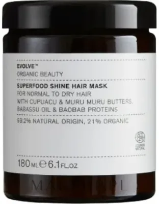 Маска для блеска волос Evolve Superfood Shine, масло купуасу, бабассу, экстракт баобаба, масло мурумуру, 180 мл