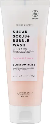 Voesh Voesh Sugar Scrub+Bubble Wash Blossom Bliss - Сахарный скраб 2 в 1 для кожи головы и тела Blossom Bliss с пробиотиками 210 г