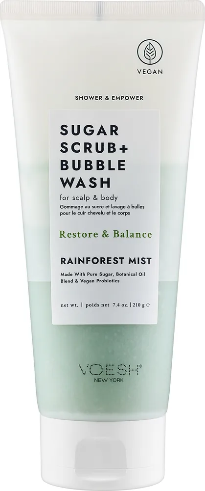 Voesh Voesh Sugar Scrub+Bubble Wash Rainforest Mist - Сахарный скраб 2 в 1 для кожи головы и тела Rainforest Mist с пробиотиками 210 г