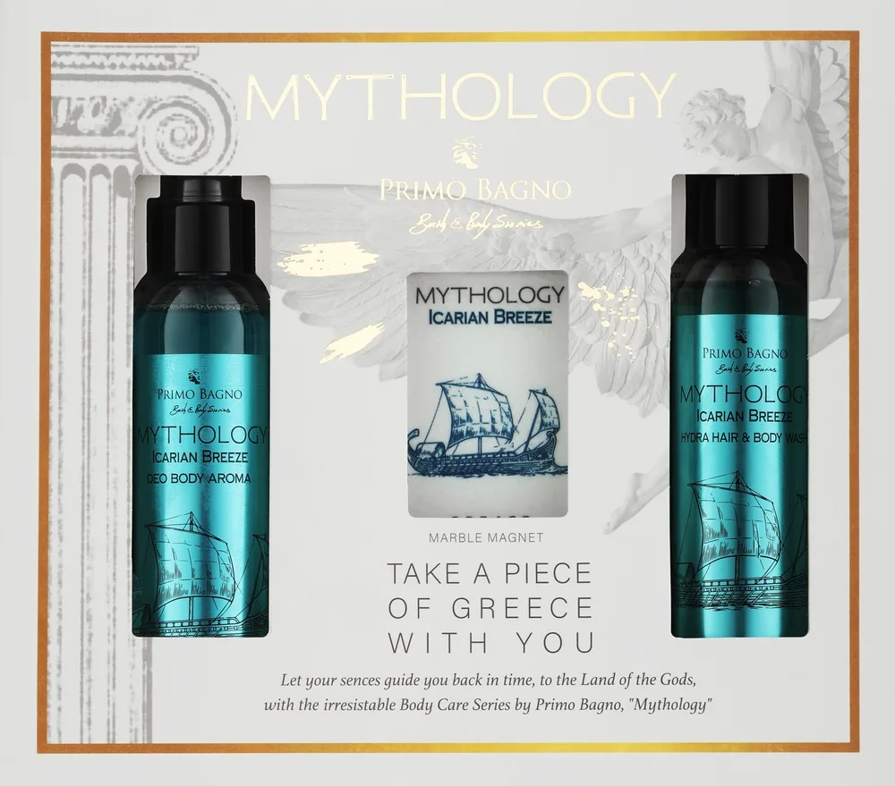 Мужской набор Primo Bagno Mythology Icarian Breeze гель для волос и тела дезодорант и аксессуар 2x100 мл