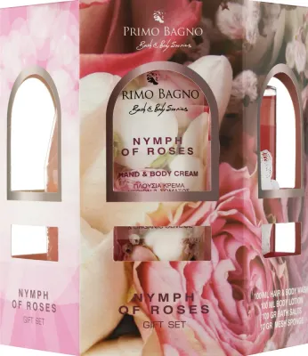 Набор Primo Bagno Nymph Of Roses лосьон гель для душа соль для ванны и мочалка с алоэ и розой 2x100 мл+100 г