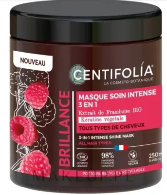 Маска для волос Centifolia 3-в-1 интенсивный блеск, кокосовое масло, касторовое масло, экстракт малины, миндальный протеин, 250 мл