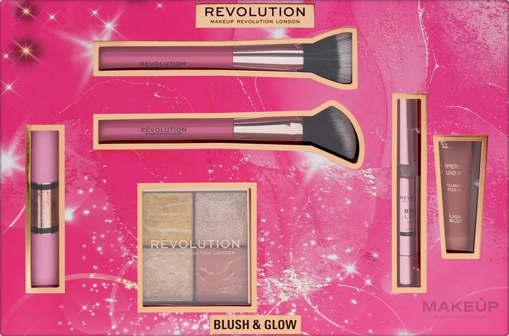 Набор для макияжа лица Makeup Revolution Blush and Glow Set румяна, хайлайтеры и кисти, шесть предметов