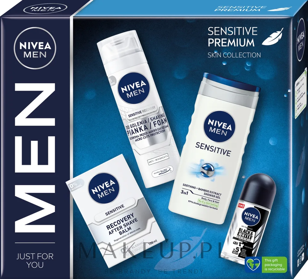 Мужской набор NIVEA MEN Sensitive Premium гель для душа дезодорант бальзам и пена для бритья 250+100+200 мл