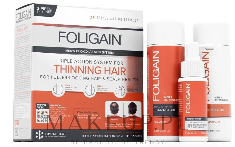 Набор Foligain Triple Action шампунь 100 мл кондиционер 100 мл и сыворотка для кожи головы 30 мл для мужчин