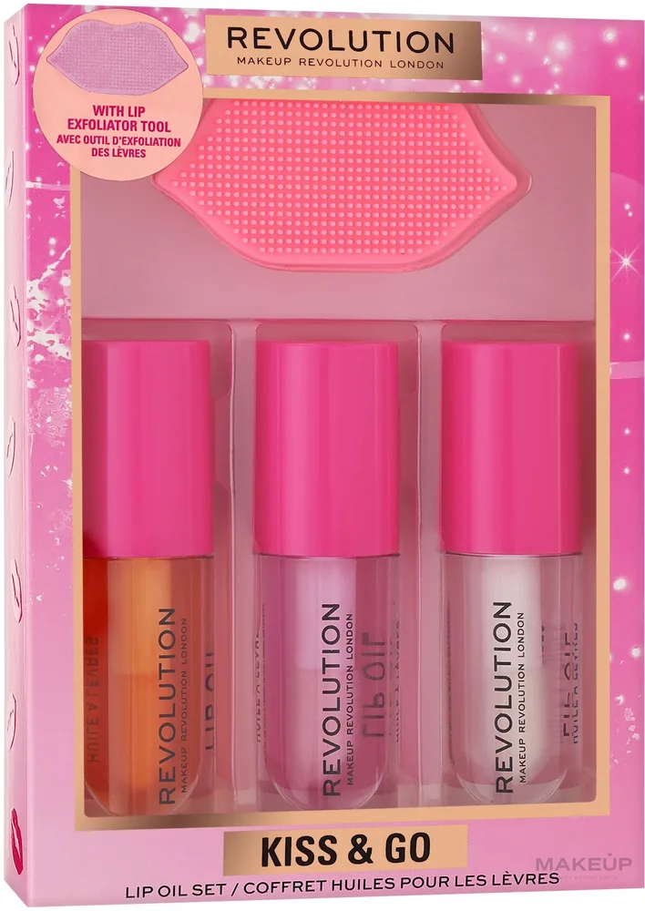 Набор масел для губ Makeup Revolution Kiss & Go Glaze мед персик и арбуз 3x4.5 мл