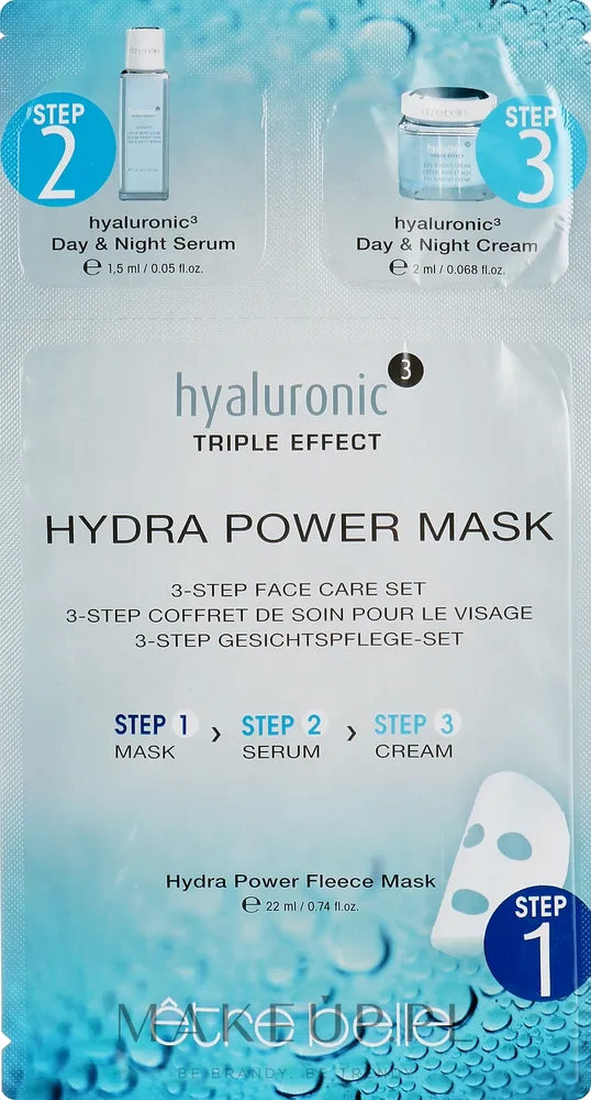 Набор для лица Etre Belle 3 Step Hyaluronic тканевая маска сыворотка и крем с гиалуроном и зеленым чаем 22+2+1.5 мл