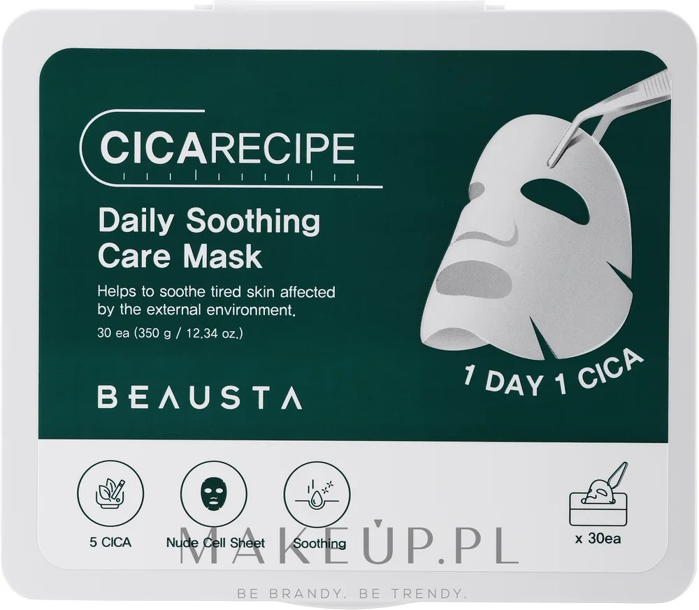 Beausta Cicarecipe Daily Soothing Care Mask — успокаивающая тканевая маска для лица с центеллой и керамидами, 30 шт