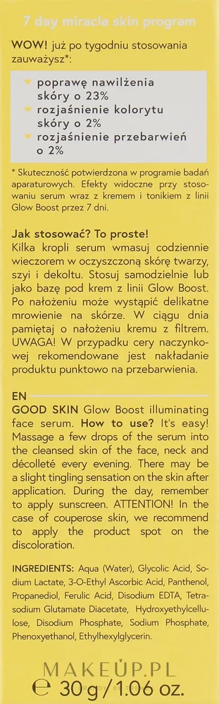 Осветляющая сыворотка для лица Bielenda Good Skin Glow Boost, гликолевая кислота и витамин C, 30 мл