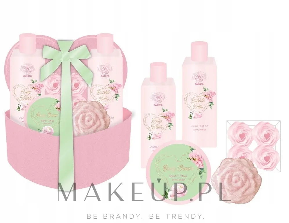 Набор Aurora Pink Heart гель для душа 260 мл пена для ванны 260 мл крем для тела 50 мл мыло-цветок и другое средство пиона и амбры