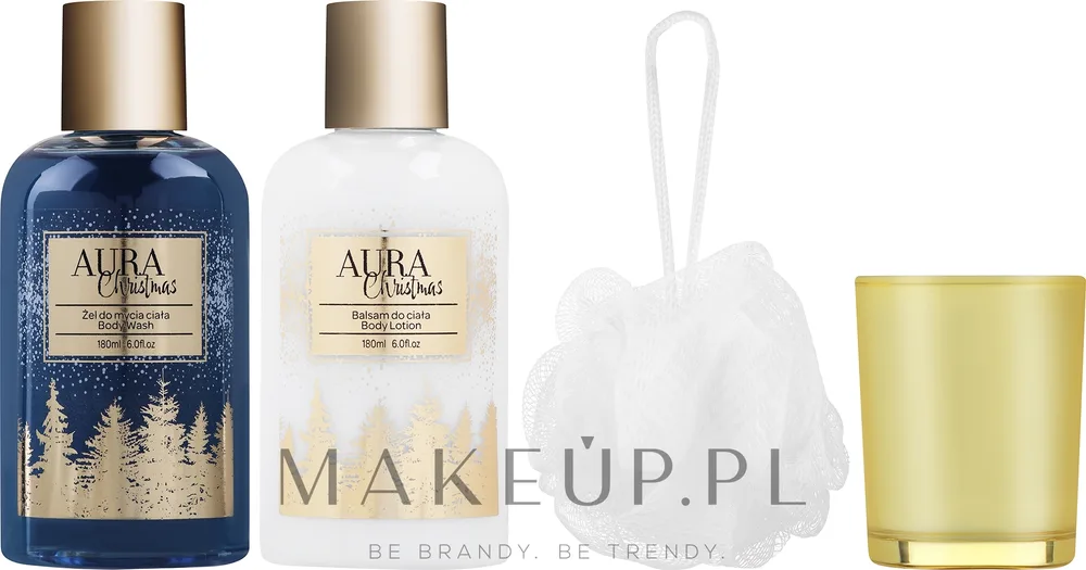 Новогодний набор для тела Aura Cosmetics Christmas гель для душа лосьон свеча и губка 2x180 мл
