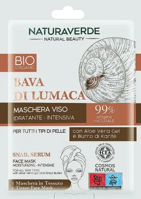 Naturaverde Face Mask Snail Serum — маска для лица с муцином улитки, алоэ вера и маслом ши, 1 шт