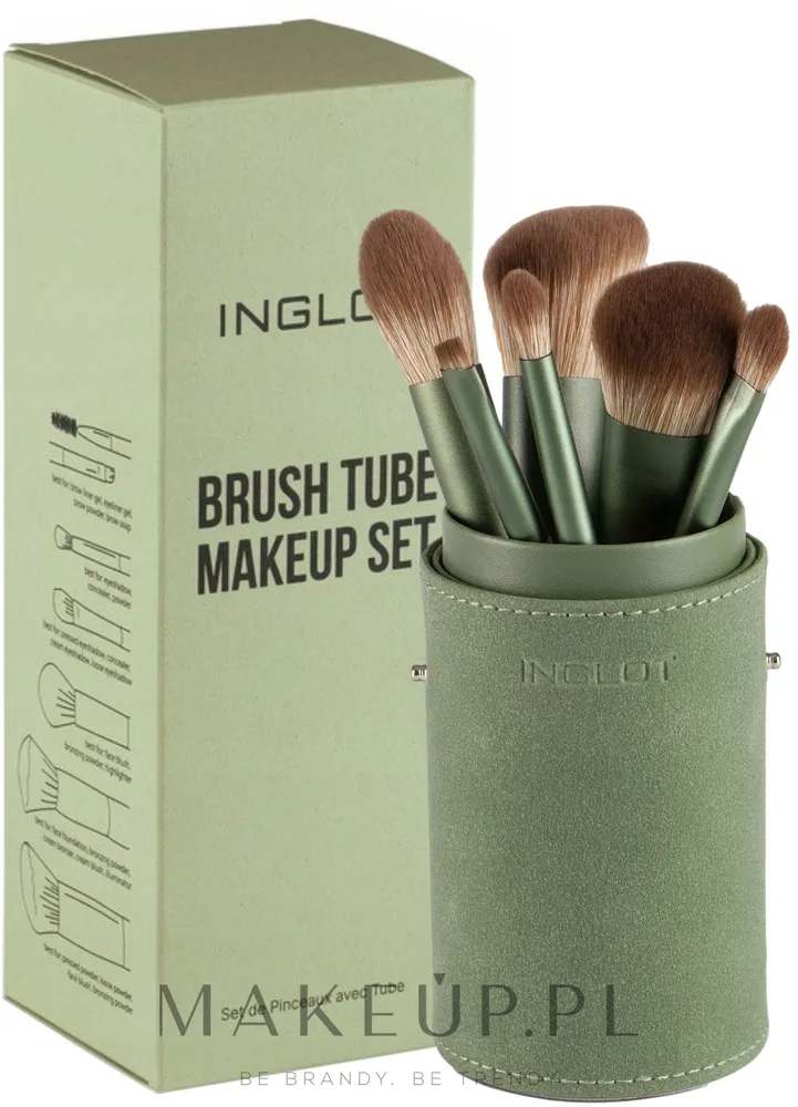 Набор кистей для макияжа Inglot Green Brush Tube Set 6 шт. в зелёном чехле