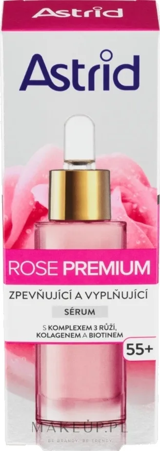 Astrid Rose Premium 55+ — укрепляющая сыворотка для зрелой кожи с розой, коллагеном и гиалуроновой кислотой, 30 мл
