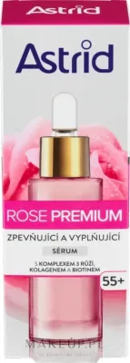 Astrid Rose Premium 55+ — укрепляющая сыворотка для зрелой кожи с розой, коллагеном и гиалуроновой кислотой, 30 мл