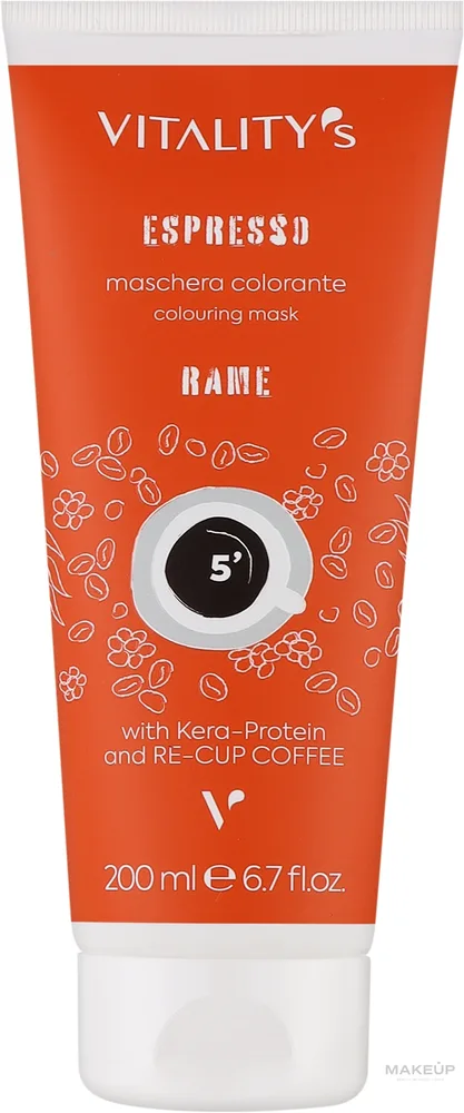 Тонирующая маска для окрашенных волос Vitality's Art Espresso без аммиака, экстракт кофе, растительный протеин, обновление цвета, 200 мл, оттенок Rame
