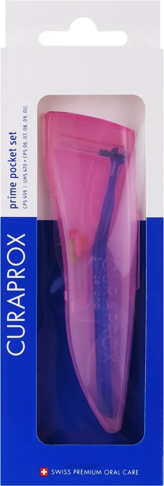 Набор межзубных щеток Curaprox CPS 459 Prime Pocket с держателем UHS 470 и щетками разных размеров розовый