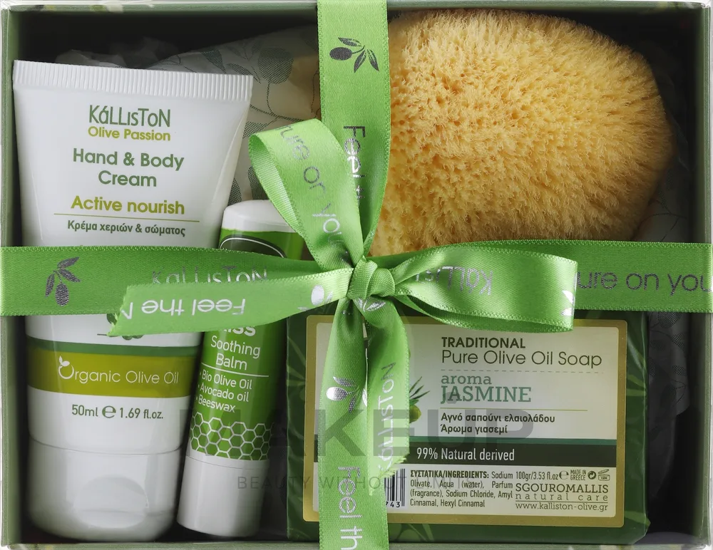 Набор Kalliston мыло с жасмином 100 г крем для рук и тела с авокадо 50 мл бальзам для губ 5.2 г и губка