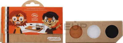 Namaki палетка для аквагрима детская Orange White Black, оранжевый белый чёрный, с кистью и двумя трафаретами, 3 x 2.5 г