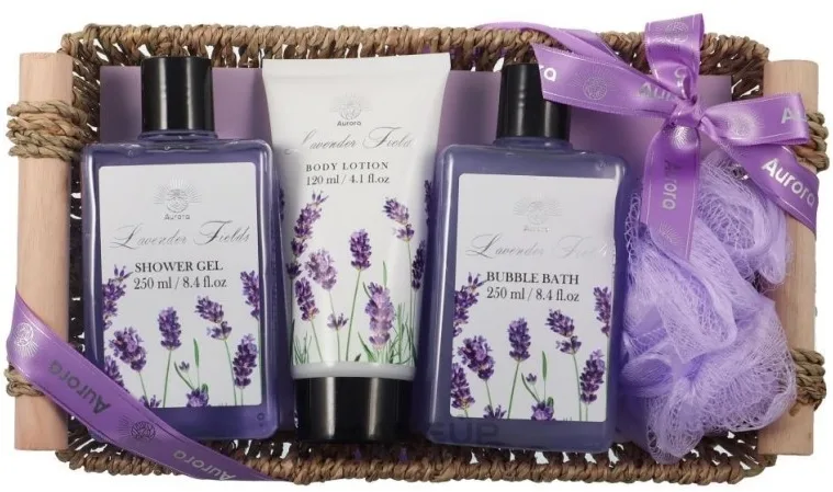 Набор для тела Aurora Lavender Fields гель для душа средство для ванны лосьон мочалка и корзинка с лавандой 250+250+120 мл